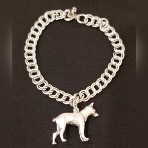 Vintage Engel Brothers Silver Dog Charm Bracelet With Red Rhinestone Eyes. 7"